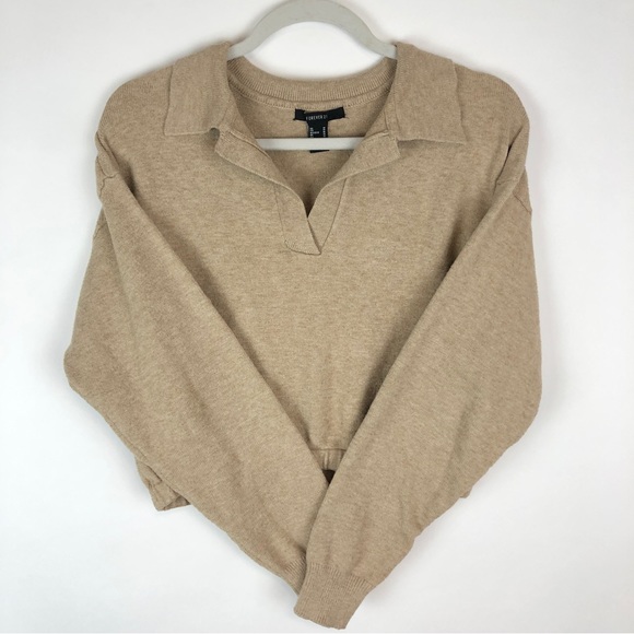 Forever 21 Long Sleeve Cropped Beige Collared Sweater - Picture 4 of 8